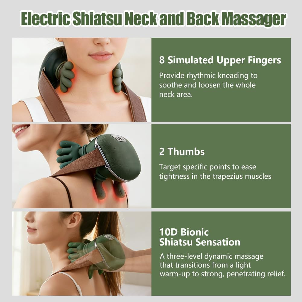 2026 New Electric Shiatsu Neck and Back Massager, Neck Massager with Heat, Shoulder Massager, 3 Intensity Levels + 2 Heat Settings, 4D Kneading Massage, Simulates a Real Palm Massage for Comfort