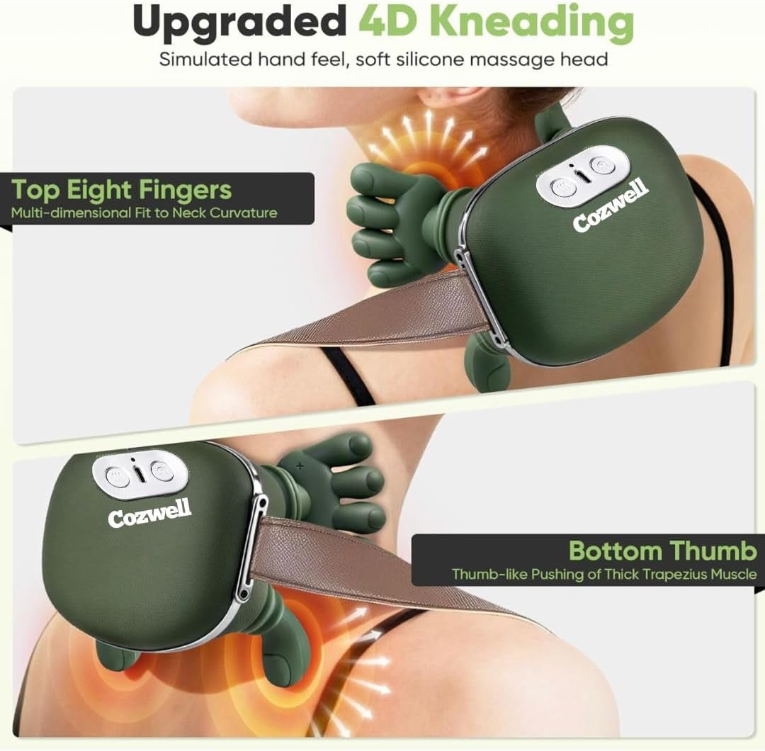 4D Wireless Neck Shoulder Massager - Upgraded 5 Mode-Massage System, Extended Battery, Bpa-Free, Vegan Leather Strap - Deep Tissue Massage- Portable Shiatsu Massager - Dual Heat